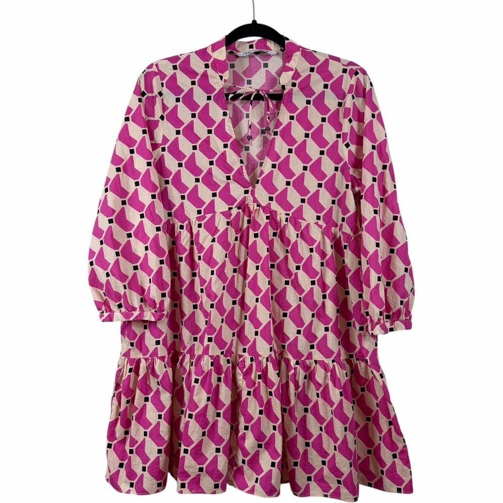 ZARA women Medium M The Mini Cadie Dress Pink Cream Swing Sun Dress 3/4 Sleeve
